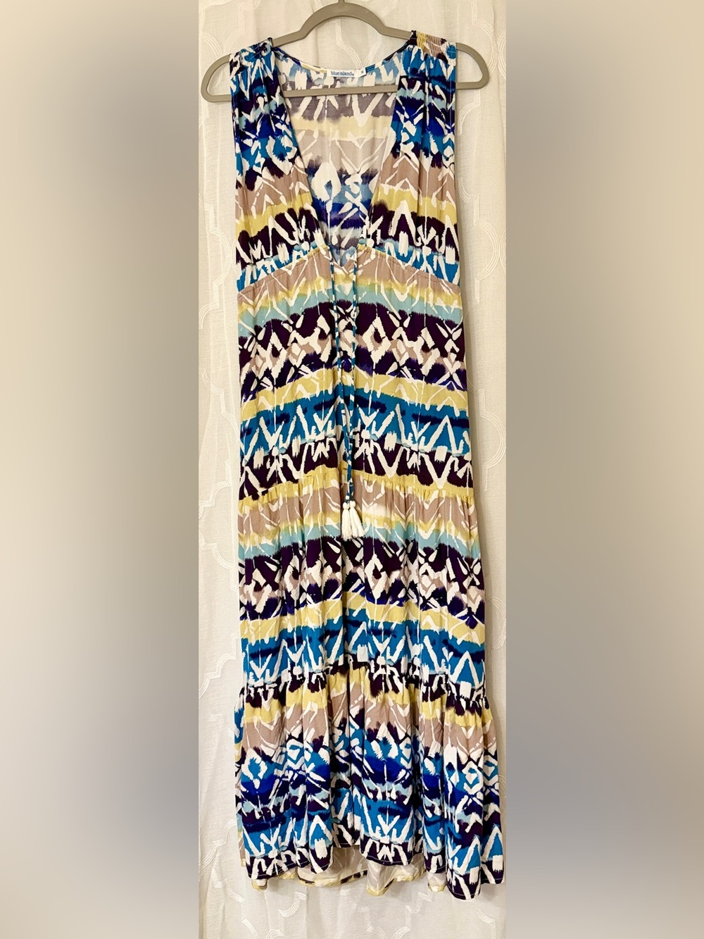 Blue Island Blue Beige Abstract Sleeveless Maxi Dress | Medium